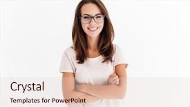  Presentation with business intelligence white robotic arm - Theme consisting of beautiful girl - joyful brunette woman in eyeglasses background and a lemonade colored foreground
