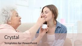  Presentation with home care - Presentation theme with beautiful girl and grandmother taking skin care on couch at home background and a lemonade colored foreground