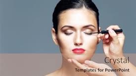 Presentation with cosmetics - Beautiful presentation theme featuring beautiful-girl-applying-cosmetics backdrop and a coral colored foreground