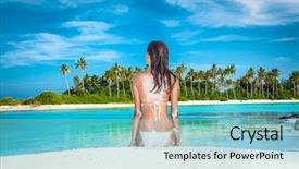  Presentation with beach - Audience pleasing PPT theme consisting of beautiful girl at topical beach backdrop and a seafoam green colored foreground