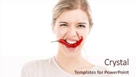  Presentation with red chilli - PPT layouts having beautiful girl biting a red chilli pepper isolated over a white background background and a sky blue colored foreground
