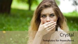  Presentation with mouth - Presentation theme enhanced with beautiful girl covers her mouth background and a coral colored foreground
