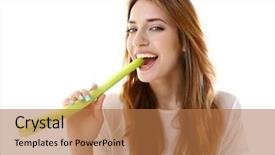  Presentation with celery - Audience pleasing presentation design consisting of beautiful girl eating celery isolated backdrop and a coral colored foreground