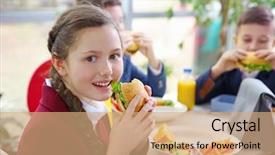  Presentation with school cafeteria - Amazing slide deck having service learning kids - beautiful girl eating delicious food backdrop and a coral colored foreground