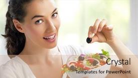  Presentation with healthy eating food photography - Colorful presentation design enhanced with beautiful girl eating healthy food backdrop and a coral colored foreground