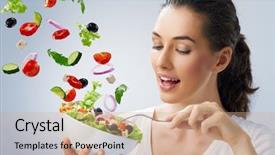 Presentation with healthy eating - Audience pleasing PPT theme consisting of beautiful girl eating healthy food backdrop and a coral colored foreground