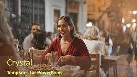  Presentation with pizza - PPT theme consisting of beautiful-girl-eats-pizza background and a tawny brown colored foreground