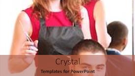  Presentation with beauty salon - Cool new presentation theme with beautiful girl hairdresser cut guy in beauty salon backdrop and a red colored foreground