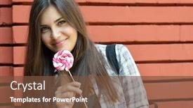  Presentation with sweet candy - Slides with beautiful girl has fun and licking sweet candy outdoor against red brick wall background and a tawny brown colored foreground