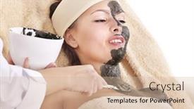 Presentation with beautician - Colorful PPT layouts enhanced with beautiful girl having clay body mask apply by beautician backdrop and a soft green colored foreground