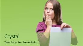  Presentation with scan paper - Presentation with beautiful girl holding blank sheet background and a  colored foreground