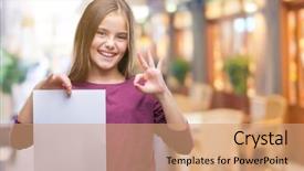  Presentation with happy young student girl holding - Amazing PPT theme having beautiful girl holding blank sheet backdrop and a  colored foreground