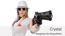  Presentation with gun - Amazing PPT layouts having beautiful girl holding hand gun backdrop and a light gray colored foreground