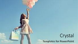  Presentation with balloons blue - Cool new slides with beautiful girl holding shopping bags and colored balloons over blue sky toned backdrop and a light blue colored foreground