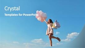  Presentation with blue balloons - Cool new PPT theme with beautiful girl holding shopping bags backdrop and a teal colored foreground