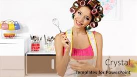  Presentation with kitchen - Audience pleasing slide deck consisting of beautiful-girl-in-hair-curlers backdrop and a  colored foreground