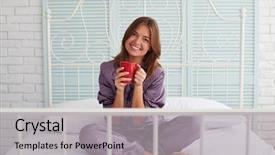  Presentation with light - Presentation theme consisting of beautiful girl in pajamas is sitting on white bed with crossed legs holding a red cup and smiling at the camera in light stylish room background and a light gray colored foreground