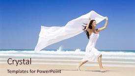  Presentation with running - PPT theme enhanced with beautiful girl in the beach running and holding a white piece of fabric background and a lemonade colored foreground