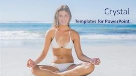  Presentation with lotus - Cool new presentation design with beautiful girl in white bikini sitting in lotus pose on beach on a sunny day backdrop and a light blue colored foreground