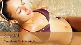  Presentation with girl running on the beach clouds - Amazing presentation theme having beautiful girl on sunny beach backdrop and a gold colored foreground