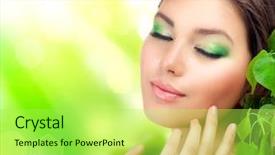  Presentation with cosmetics natural - PPT theme featuring beautiful girl outdoors applying background and a yellow colored foreground