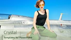  Presentation with fighter plane old airplane - PPT theme featuring beautiful-girl-pilot-sits background and a soft green colored foreground