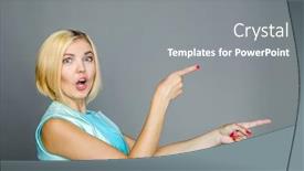  Presentation with points - PPT layouts enhanced with beautiful-girl-points-with-fingers background and a gray colored foreground