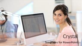  Presentation with front office - Colorful PPT theme enhanced with beautiful girl sitting in office backdrop and a lemonade colored foreground