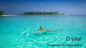 Presentation with white sand - Amazing slide set having beautiful girl swiming on white backdrop and a cyan colored foreground