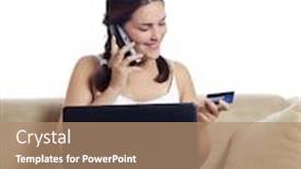  Presentation with card transaction - Amazing PPT theme having beautiful girl uses her credit card to make an online transaction backdrop and a coral colored foreground