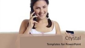  Presentation with card transaction - Theme enhanced with beautiful girl uses her credit card to make an online transaction background and a coral colored foreground