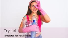  Presentation with plastic recycling - Beautiful PPT layouts featuring beautiful girl wearing cleaner gloves recycling plastic bottles over isolated white background with happy face smiling doing ok sign with hand on eye looking through fingers backdrop and a lemonade colored foreground