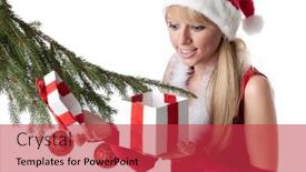  Presentation with girl christmas - Cool new presentation theme with beautiful girl with a gift in a santa's cap stands near a christmas tree on a white background backdrop and a red colored foreground