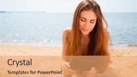  Presentation with filter - Presentation design consisting of beautiful girl with a tablet pc is lying on the beach image retro vintage filter effect background and a coral colored foreground