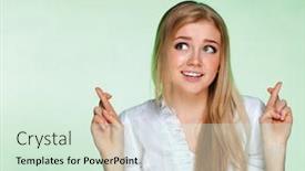 Presentation with good luck - Theme featuring beautiful girl with arms raised fingers crossed for good luck background and a soft green colored foreground