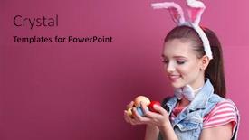  Presentation with bunny - Cool new slide deck with beautiful girl with bunny ears and easter eggs on color background backdrop and a violet colored foreground