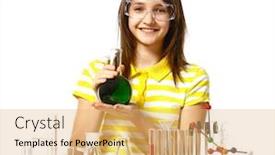  Presentation with flasks - Theme having beautiful girl with chemical flasks and test-tubes isolated on white background and a yellow colored foreground