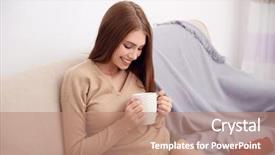 Presentation with relaxing - Colorful slide deck enhanced with beautiful girl with hot drink relaxing on couch backdrop and a coral colored foreground