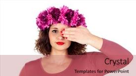  Presentation with crown - Audience pleasing theme consisting of beautiful girl with pink flowers crown covering one eye isolated on white background backdrop and a red colored foreground