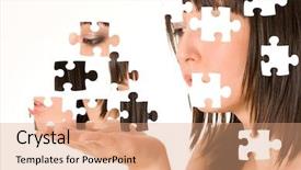 Presentation with effect - PPT theme featuring beautiful girl with puzzle effect background and a coral colored foreground