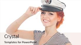  Presentation with hair - PPT theme consisting of beautiful girl with red hair sailor on a white background on his cap emblem of russia background and a lemonade colored foreground