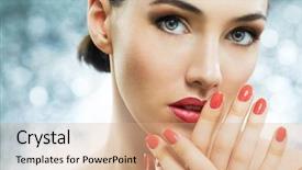  Presentation with nails - Colorful presentation theme enhanced with beautiful girl with red nails backdrop and a coral colored foreground