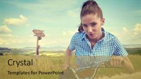  Presentation with summer time - PPT theme consisting of beautiful girl with vintage bike outdoor summer tuscany time background and a yellow colored foreground