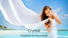  Presentation with girl running on the beach clouds - Presentation theme having beautiful girl with white scarf background and a sky blue colored foreground