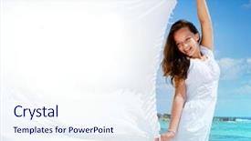  Presentation with beautiful skin and beach - Colorful theme enhanced with beautiful girl with white scarf backdrop and a  colored foreground