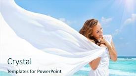  Presentation with girl running on the beach clouds - PPT theme consisting of beautiful girl with white scarf background and a sky blue colored foreground