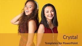  Presentation with teen girls - PPT theme consisting of beautiful girls listening music background and a gold colored foreground