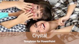  Presentation with carpet - PPT theme featuring beautiful girls twins in pajamas lie on carpet background and a coral colored foreground