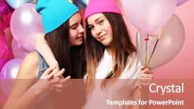  Presentation with tethered hot air balloons - PPT theme with beautiful girls with air balloons background and a coral colored foreground