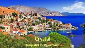  Presentation with greek - PPT theme enhanced with beautiful greek islands - symi dodecanese background and a tawny brown colored foreground